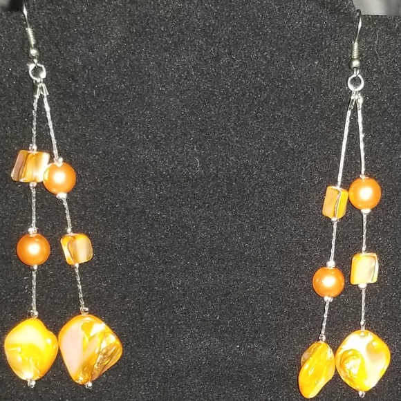 Iridescent Orange/Coral Stone Bead Dangle Earring - Picture 2 of 3